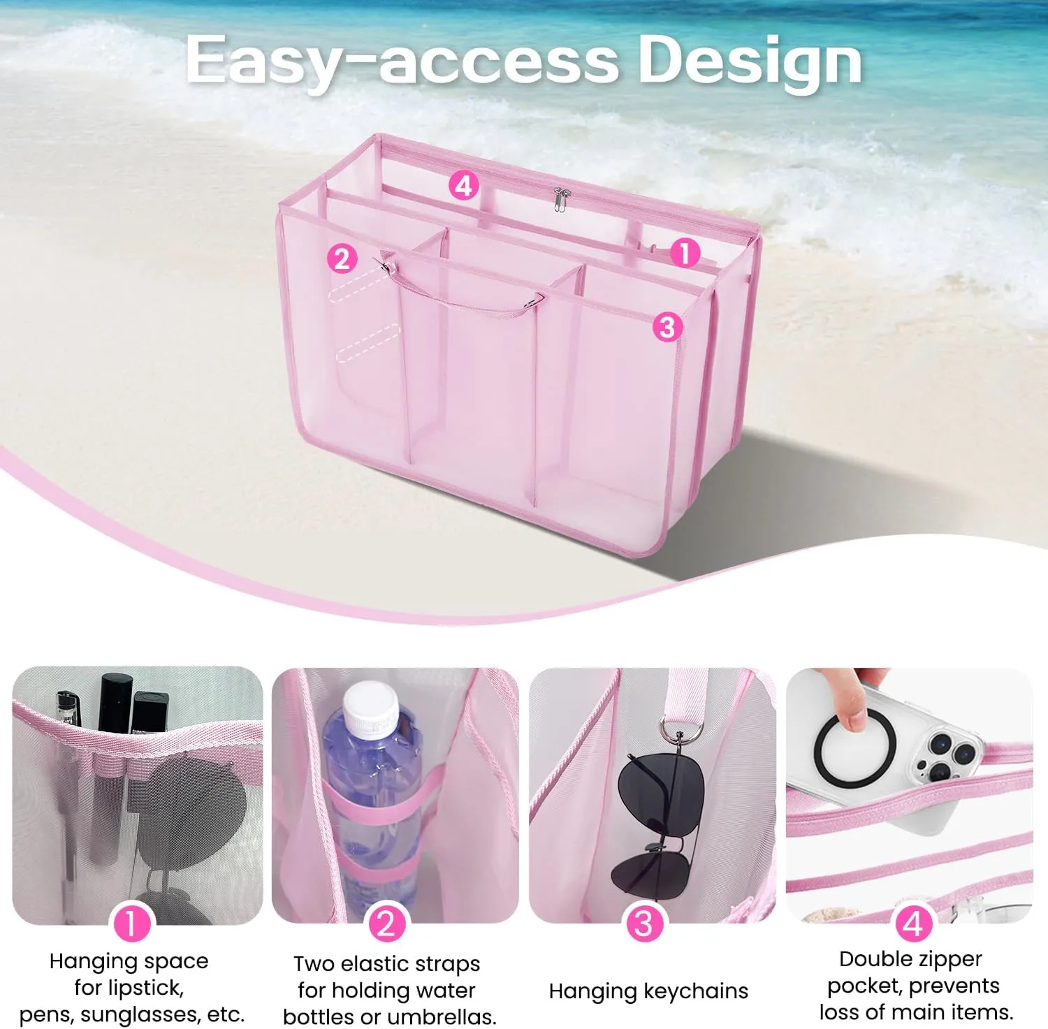 XYFuuee Beach Bag Organizer Inserts for X Large Bogg Bag Accessories, Original XL Lightweight Mesh Insert Divider Pouch, Organizing Rubber Tote Bags, Save Storage Space (Pink)