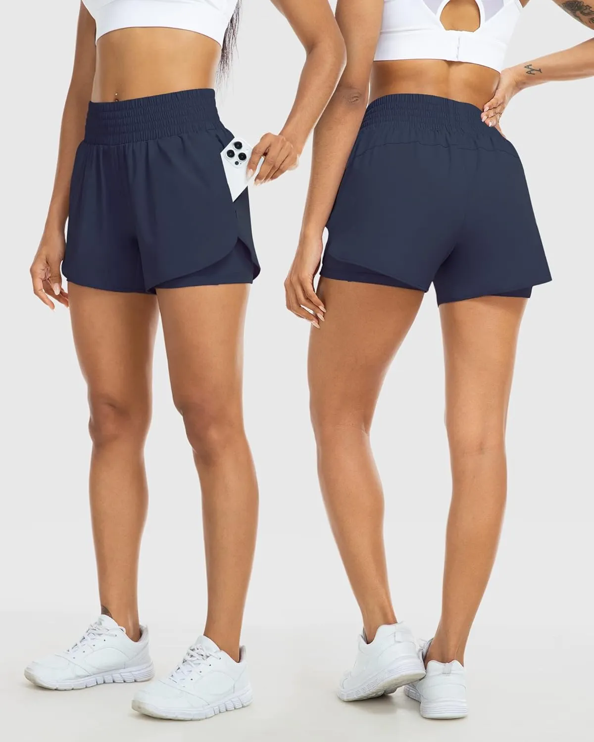 YEZII Womens High Waist Running Shorts Athletic Workout Quick Dry Shorts for Women with Pockets Gym Yoga White Summer Shorts