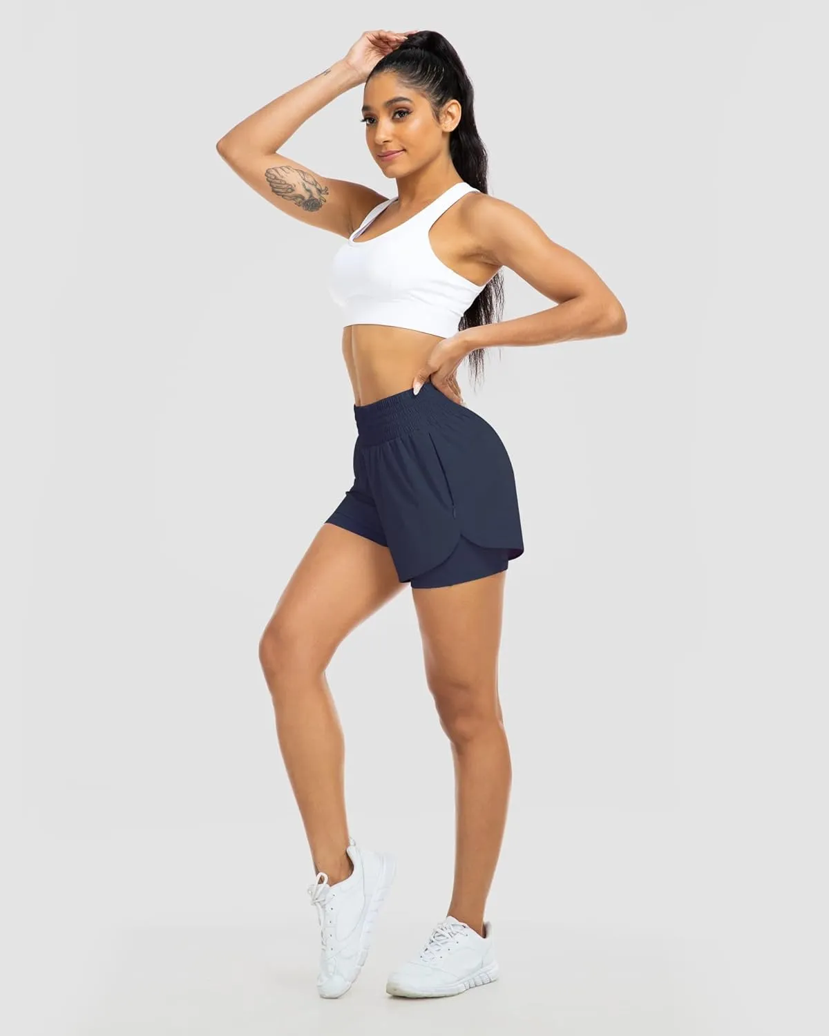 YEZII Womens High Waist Running Shorts Athletic Workout Quick Dry Shorts for Women with Pockets Gym Yoga White Summer Shorts