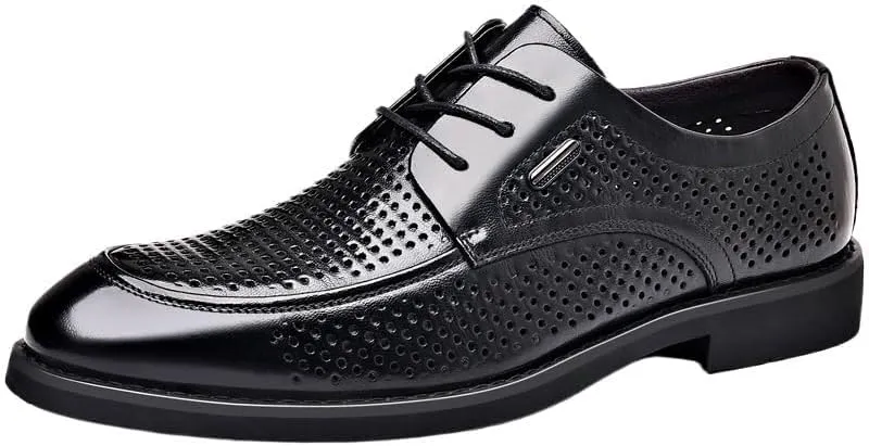 YZABEL Men's Genuine Leather Business Casual Shoes, Pointed Toe Lace-Up Breathable Hollow Oxfords Dress Shoes, Lightweight Comfortable for Formal and Everyday Wear