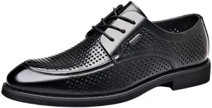YZABEL Men's Genuine Leather Business Casual Shoes, Pointed Toe Lace-Up Breathable Hollow Oxfords Dress Shoes, Lightweight Comfortable for Formal and Everyday Wear