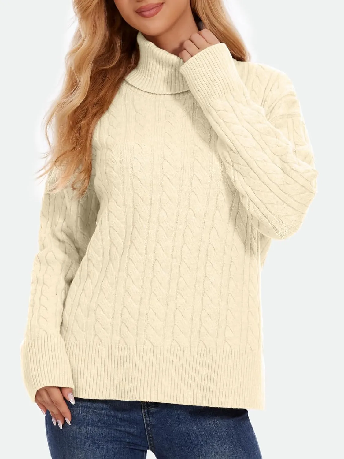 ZANZEA Turtleneck Sweater Women Long Sleeve Oversized Pullover Spilt Hem Chunky Cable Knit Jumper Fall Sweaters 2024