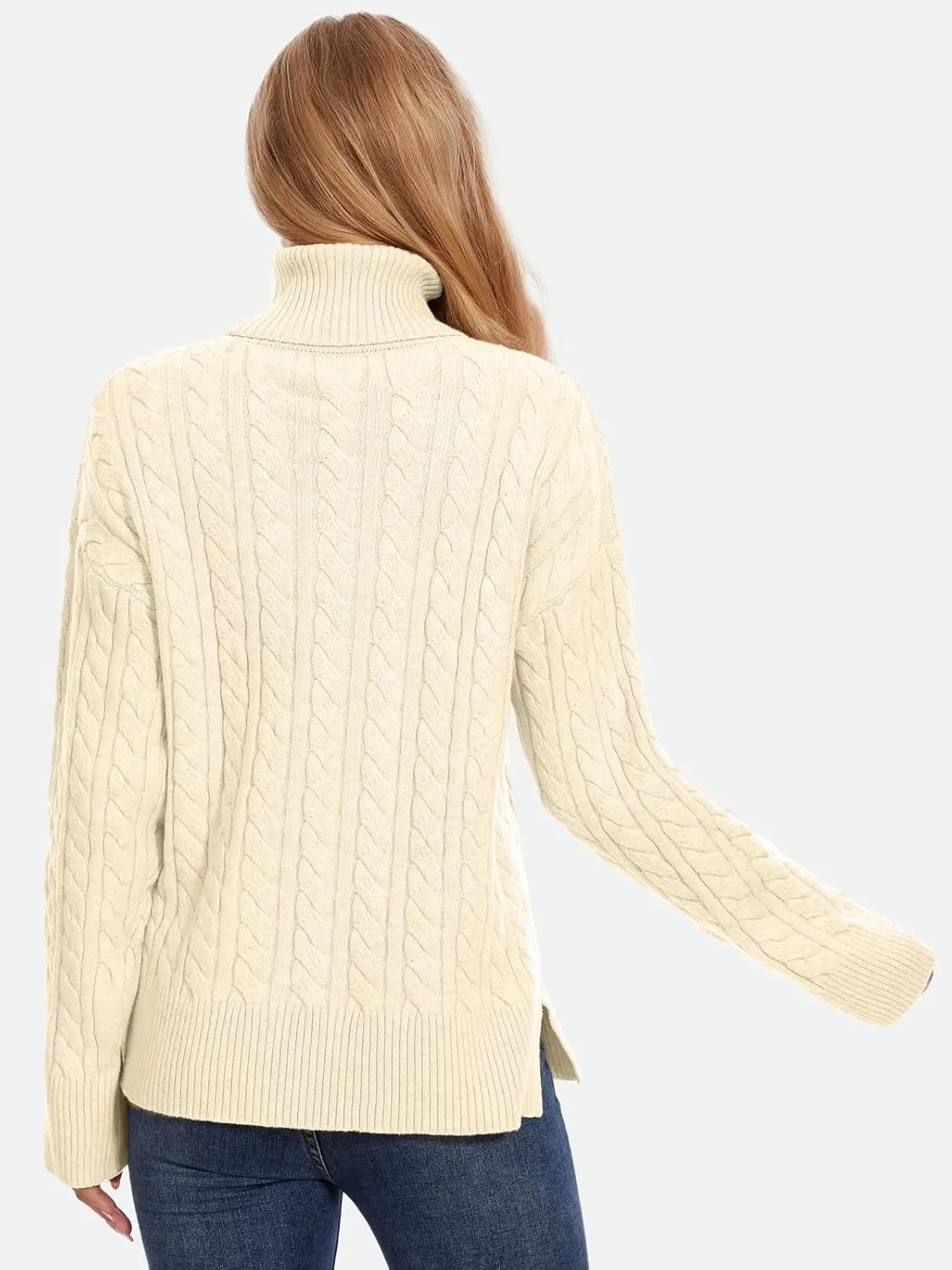 ZANZEA Turtleneck Sweater Women Long Sleeve Oversized Pullover Spilt Hem Chunky Cable Knit Jumper Fall Sweaters 2024
