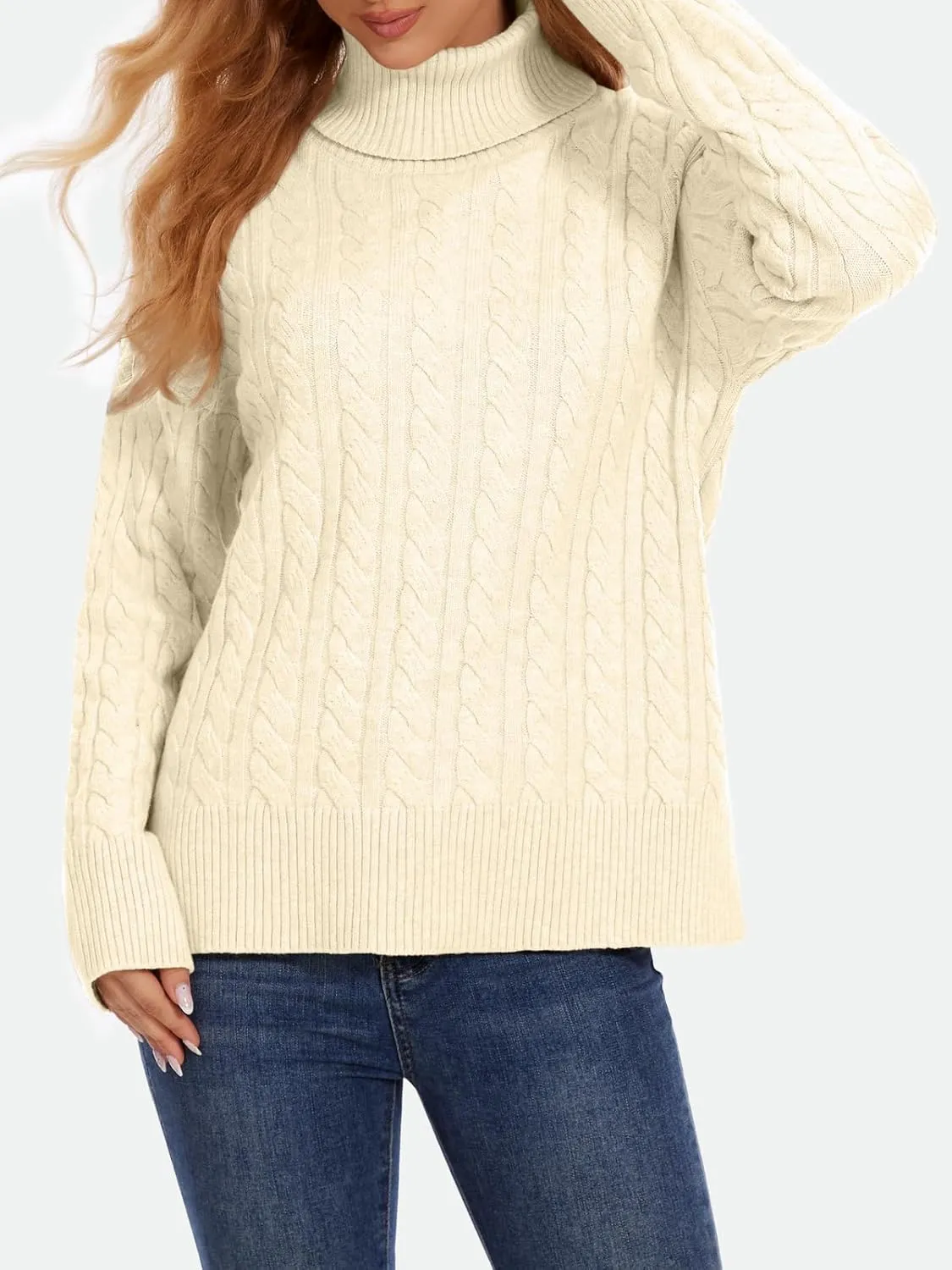 ZANZEA Turtleneck Sweater Women Long Sleeve Oversized Pullover Spilt Hem Chunky Cable Knit Jumper Fall Sweaters 2024