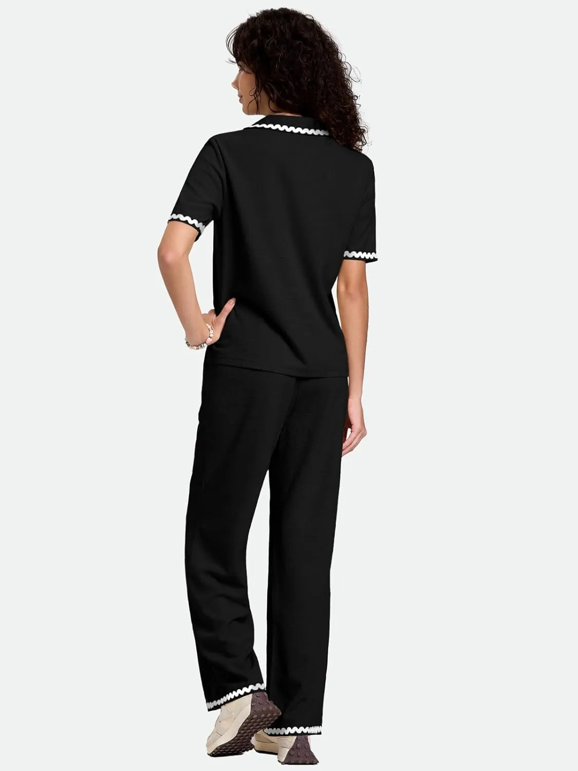 ZANZEA Women's Two Piece Outfit Short Sleeve Waffle Knit Top and Long Pants with Pocket Casual Pajama Sets