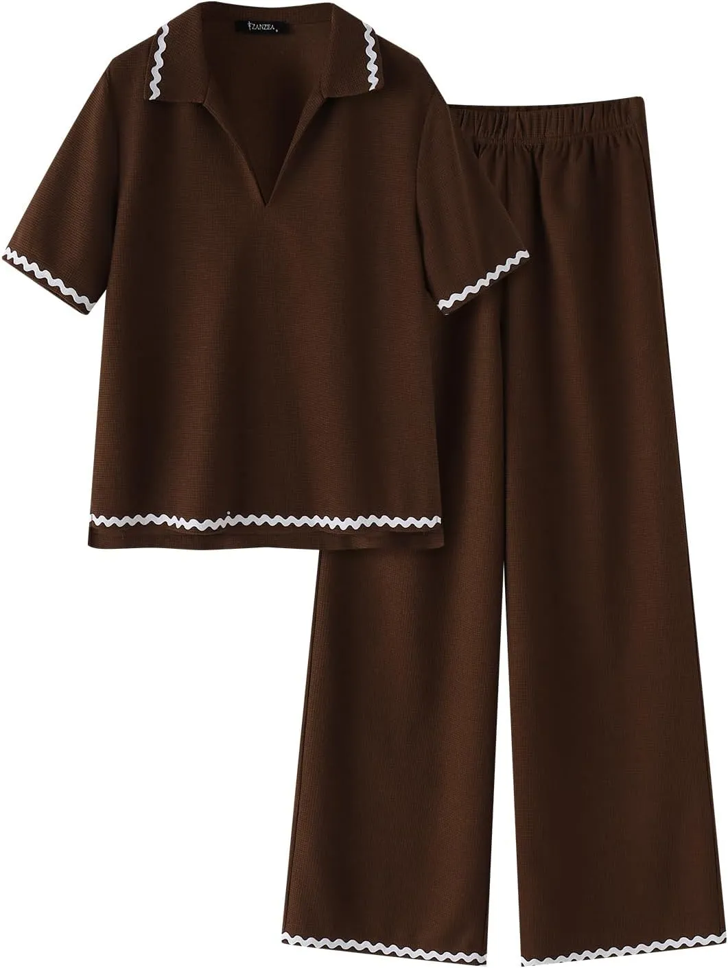ZANZEA Women's Two Piece Outfit Short Sleeve Waffle Knit Top and Long Pants with Pocket Casual Pajama Sets