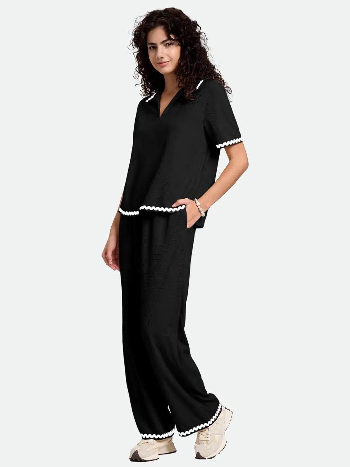 ZANZEA Women's Two Piece Outfit Short Sleeve Waffle Knit Top and Long Pants with Pocket Casual Pajama Sets