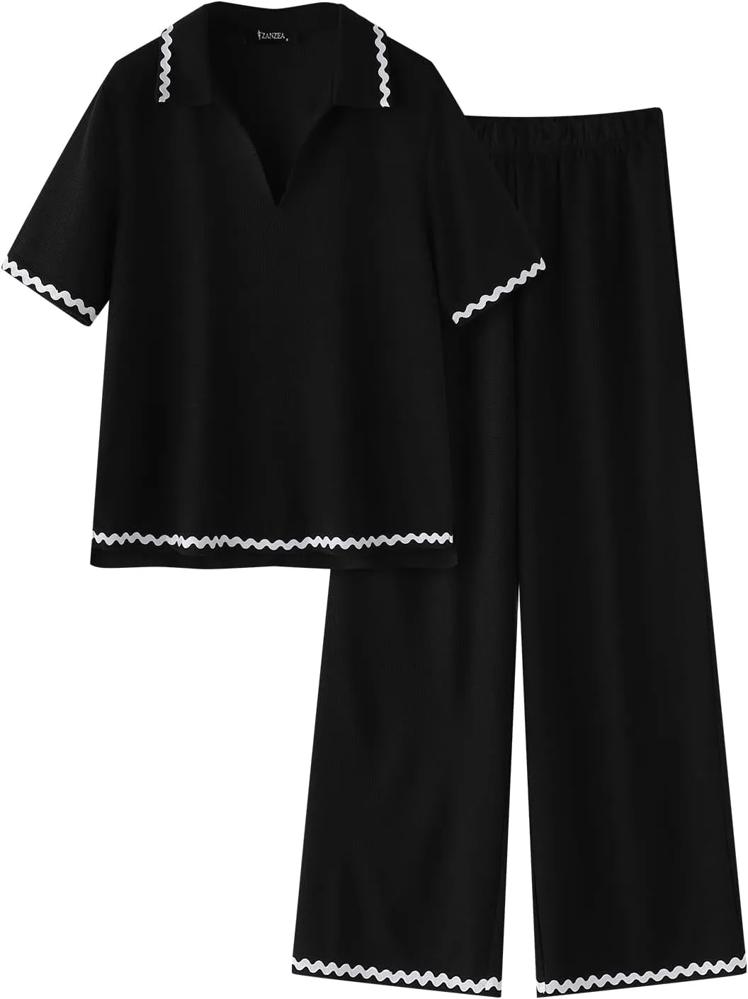 ZANZEA Women's Two Piece Outfit Short Sleeve Waffle Knit Top and Long Pants with Pocket Casual Pajama Sets