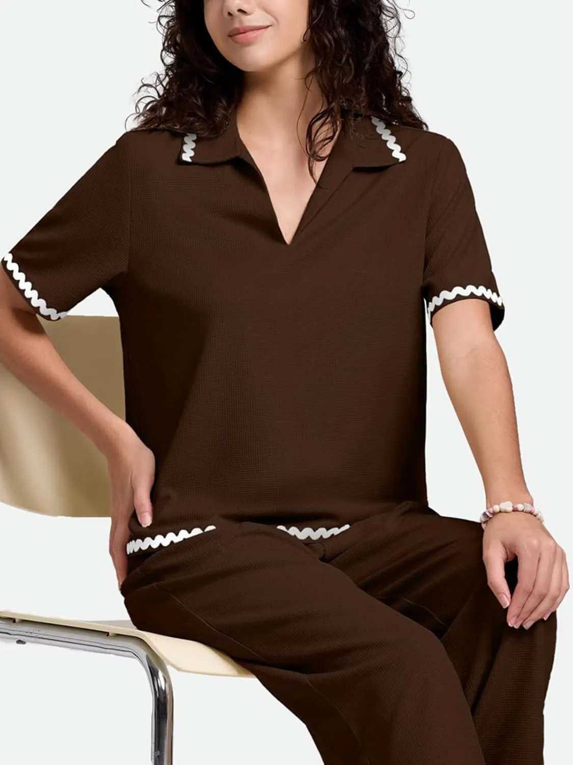ZANZEA Women's Two Piece Outfit Short Sleeve Waffle Knit Top and Long Pants with Pocket Casual Pajama Sets