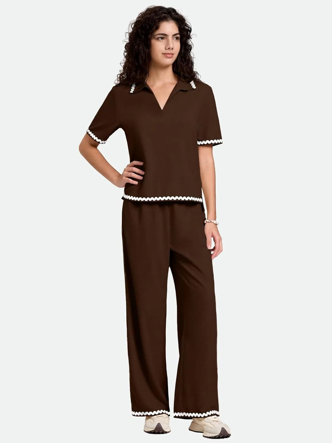 ZANZEA Women's Two Piece Outfit Short Sleeve Waffle Knit Top and Long Pants with Pocket Casual Pajama Sets