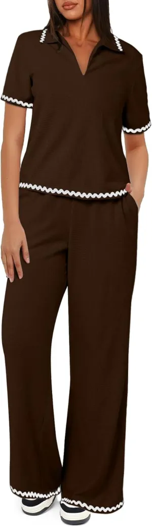 ZANZEA Women's Two Piece Outfit Short Sleeve Waffle Knit Top and Long Pants with Pocket Casual Pajama Sets