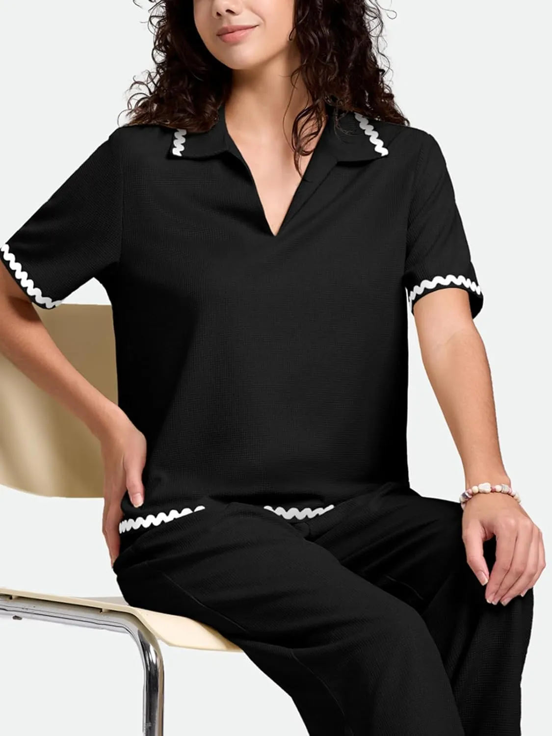 ZANZEA Women's Two Piece Outfit Short Sleeve Waffle Knit Top and Long Pants with Pocket Casual Pajama Sets