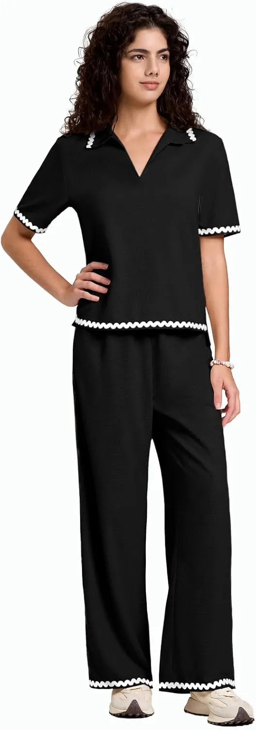 ZANZEA Women's Two Piece Outfit Short Sleeve Waffle Knit Top and Long Pants with Pocket Casual Pajama Sets