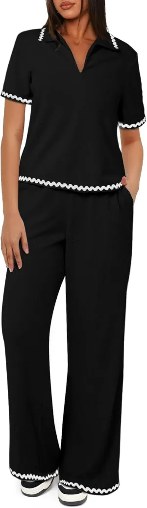 ZANZEA Women's Two Piece Outfit Short Sleeve Waffle Knit Top and Long Pants with Pocket Casual Pajama Sets