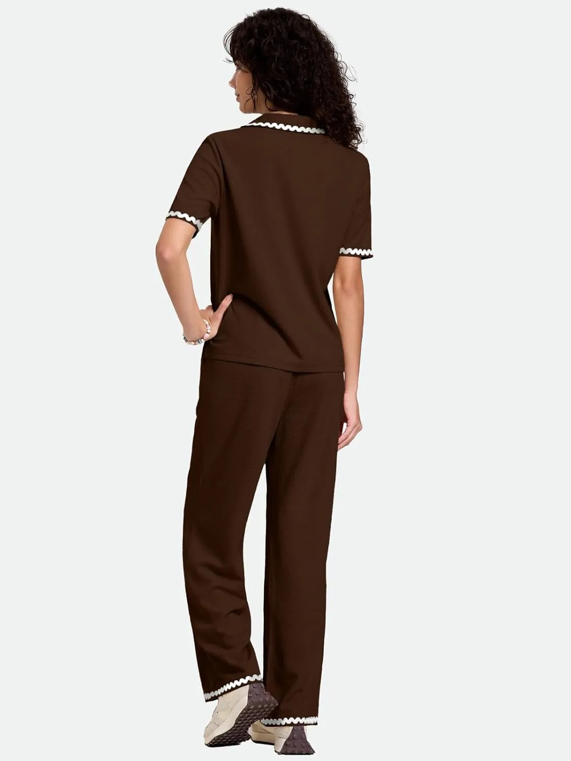 ZANZEA Women's Two Piece Outfit Short Sleeve Waffle Knit Top and Long Pants with Pocket Casual Pajama Sets