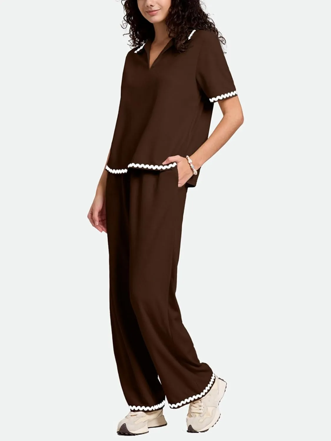 ZANZEA Women's Two Piece Outfit Short Sleeve Waffle Knit Top and Long Pants with Pocket Casual Pajama Sets