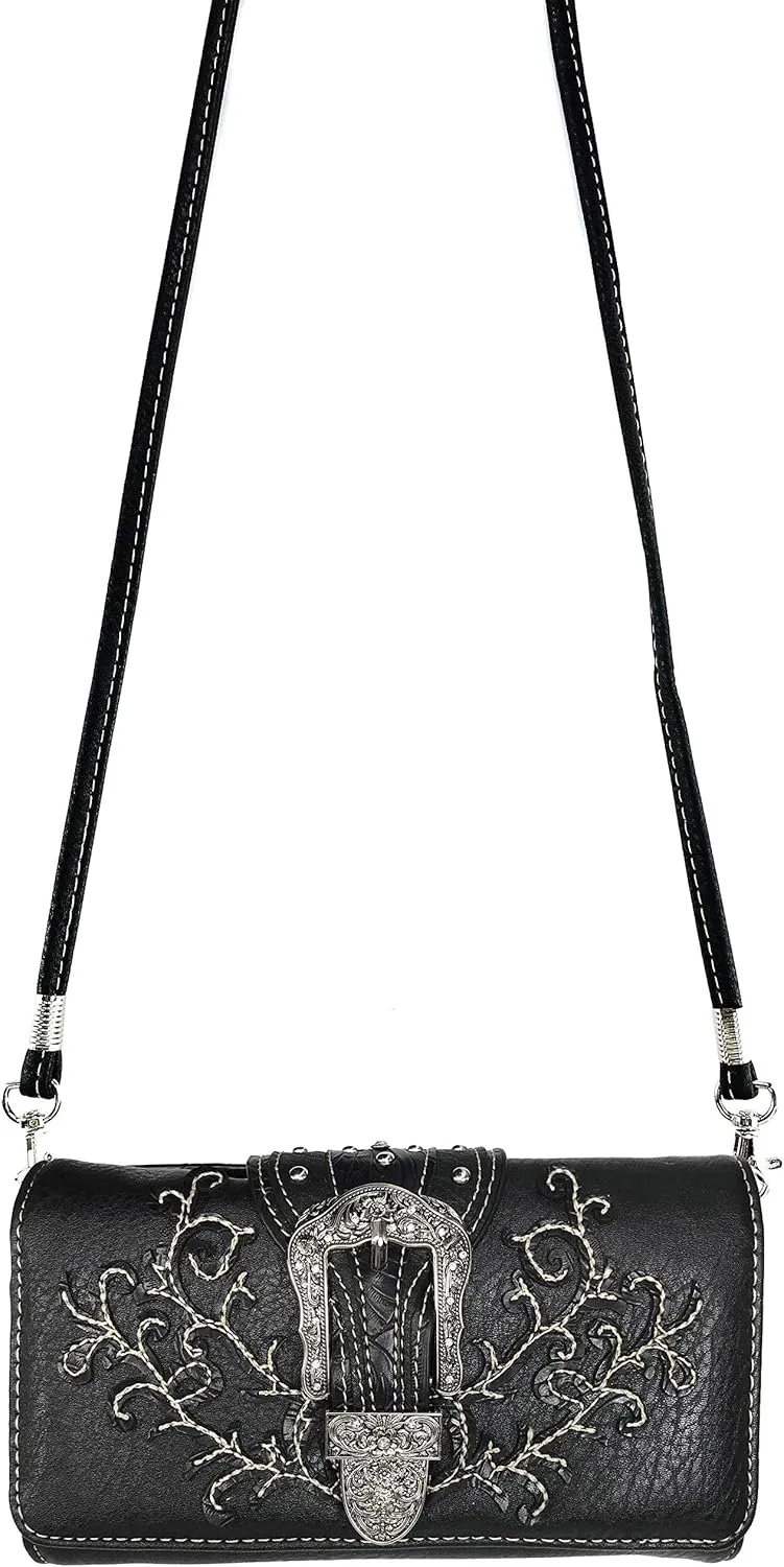 Zelris Western Country Floral Buckle Crossbody Trifold Fold Wallet