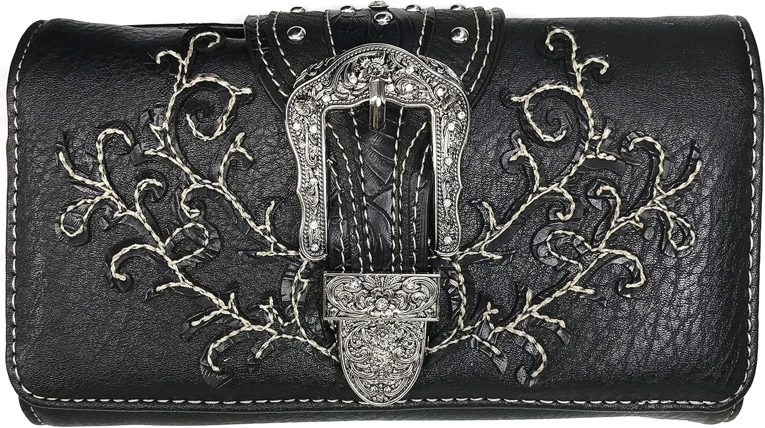 Zelris Western Country Floral Buckle Crossbody Trifold Fold Wallet