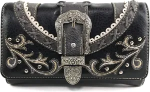 Zelris Western Country Floral Buckle Crossbody Trifold Wallet (Black)