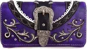 Zelris Western Country Floral Buckle Crossbody Trifold Wallet (Purple)