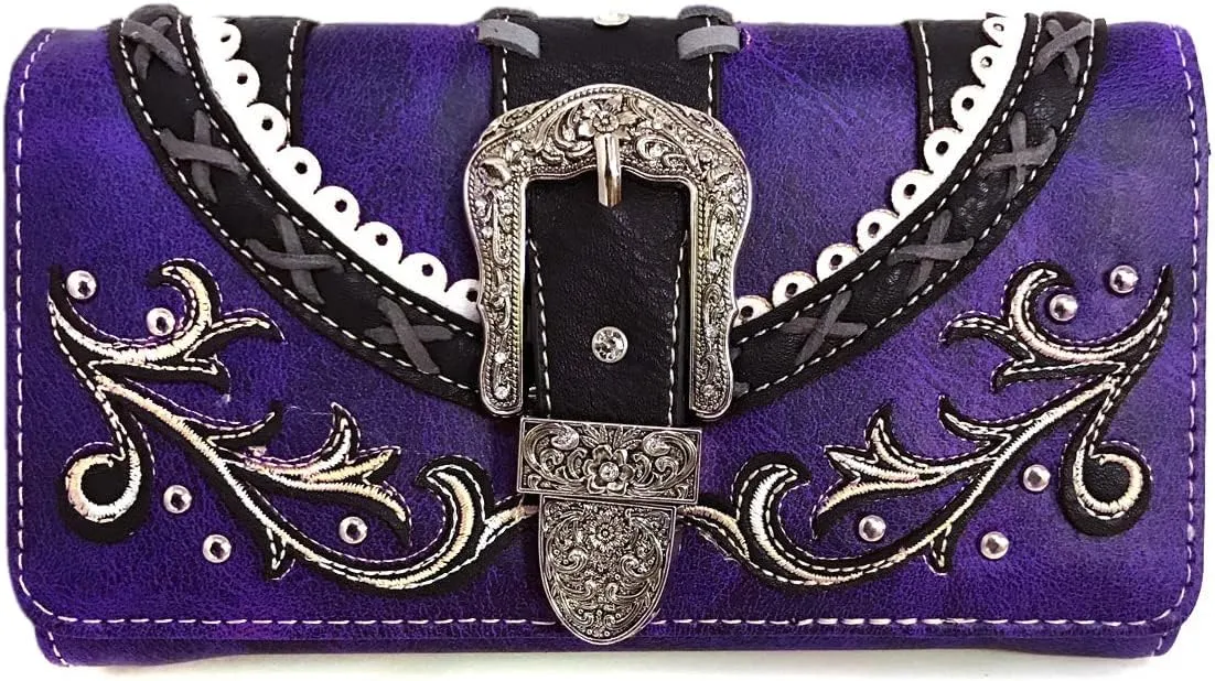 Zelris Western Country Floral Buckle Crossbody Trifold Wallet (Purple)
