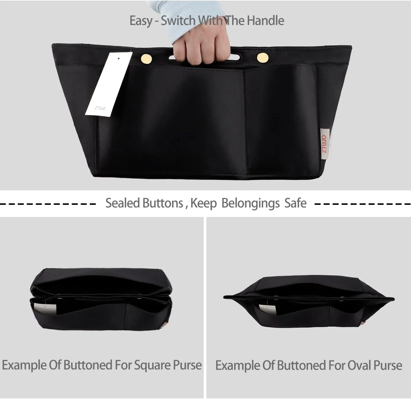 ZTUJO Purse Organizer Insert For Handbags, Silky Bag Organizer With 2 Zippers For Speedy Neverful Tote and More (Black, Small)