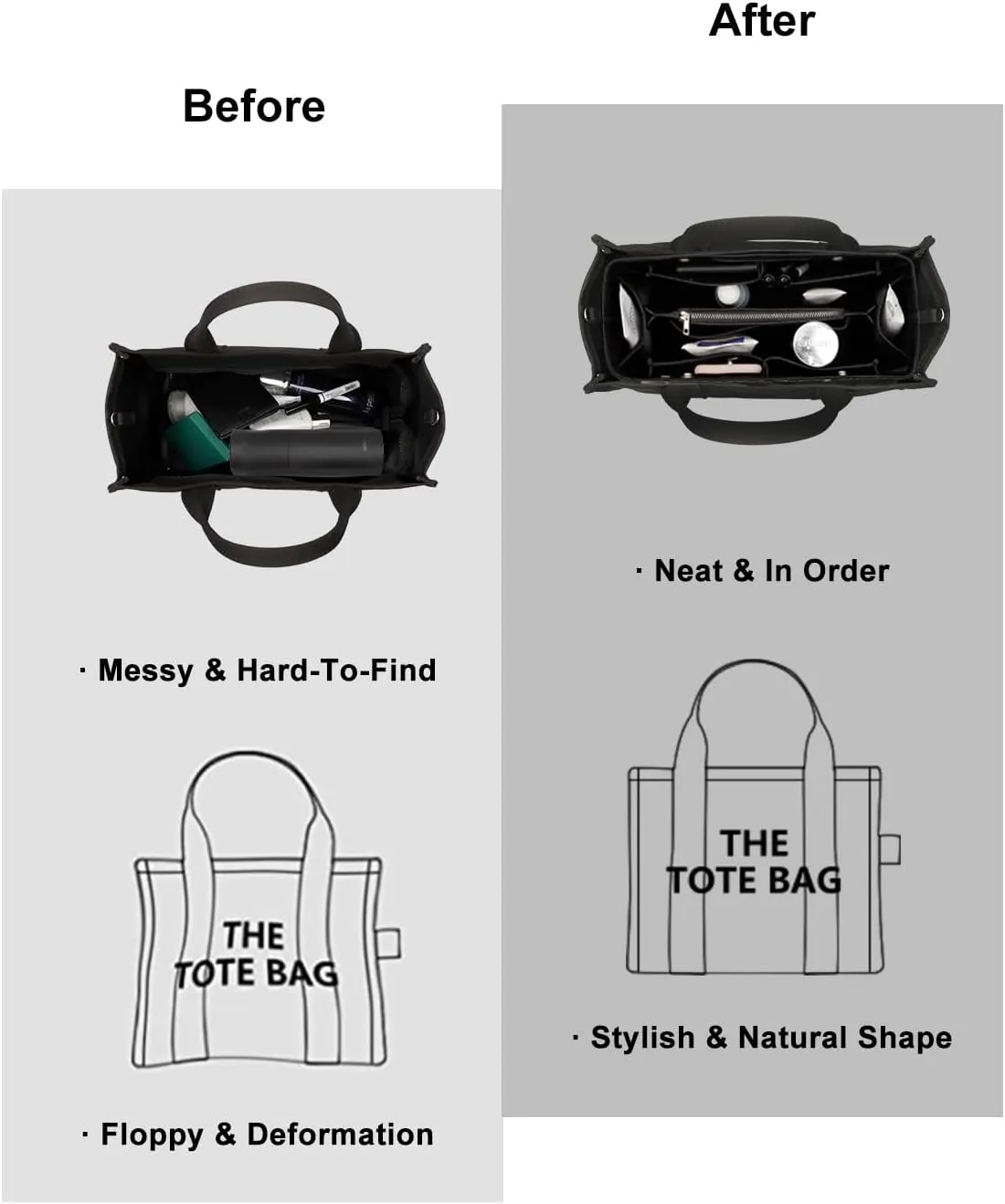 ZTUJO Purse Organizer Insert For Handbags, Silky Bag Organizer With 2 Zippers For Speedy Neverful Tote and More (Black, Small)