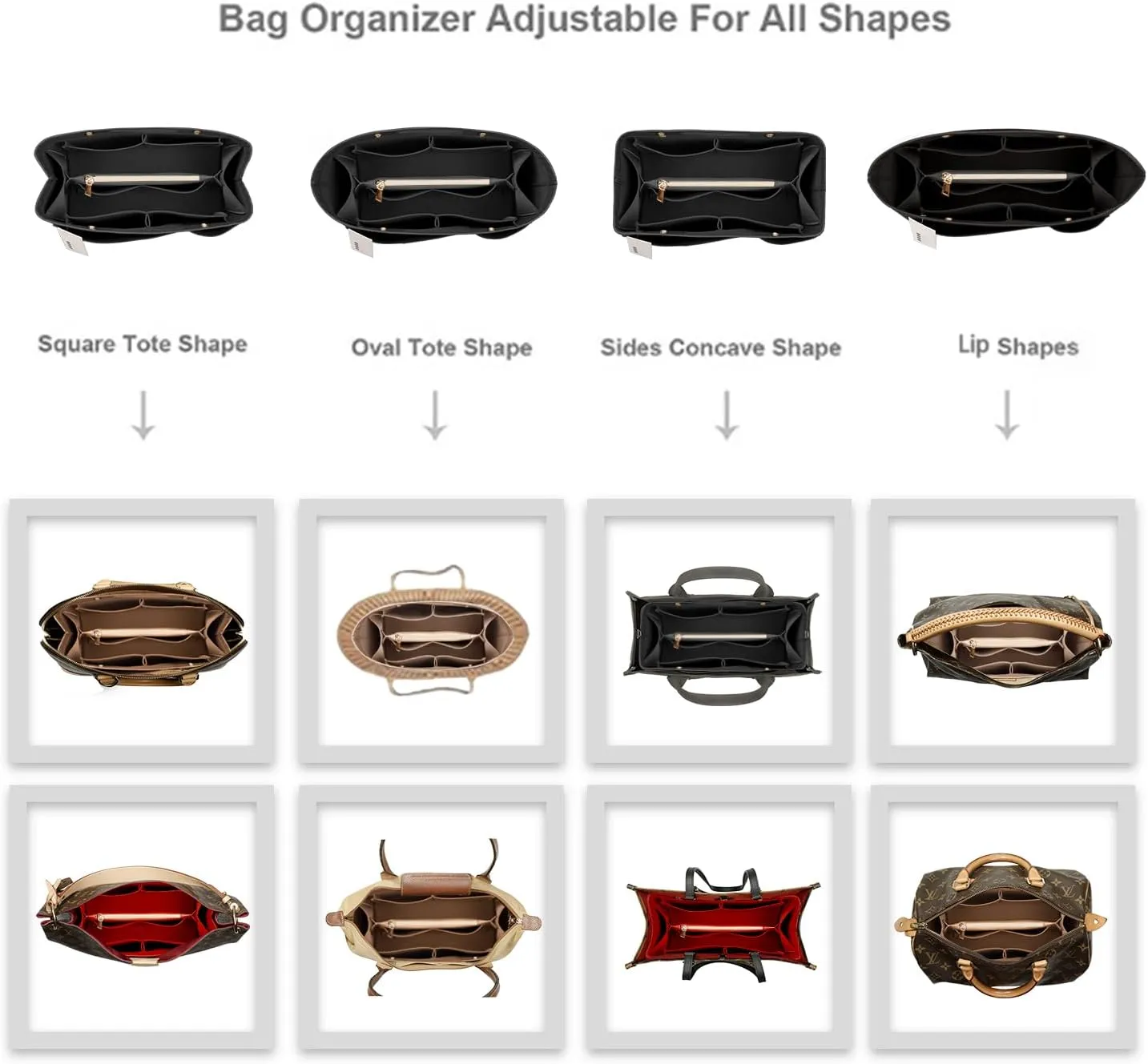 ZTUJO Purse Organizer Insert For Handbags, Silky Bag Organizer With 2 Zippers For Speedy Neverful Tote and More (Black, Small)