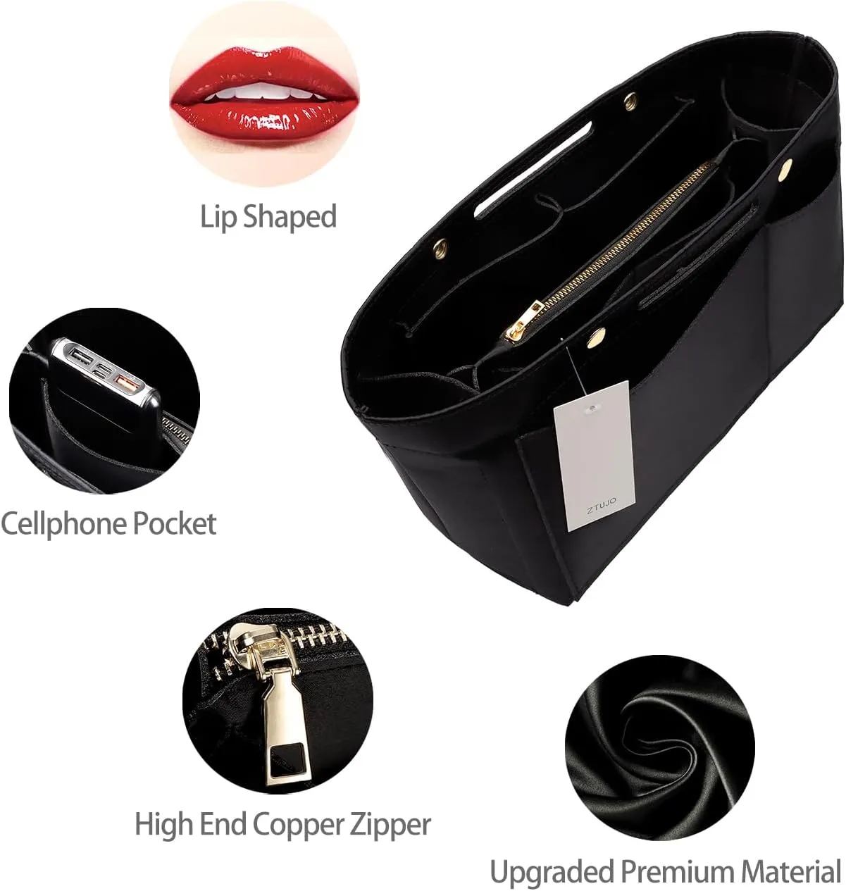 ZTUJO Purse Organizer Insert For Handbags, Silky Bag Organizer With 2 Zippers For Speedy Neverful Tote and More (Black, X-Small)