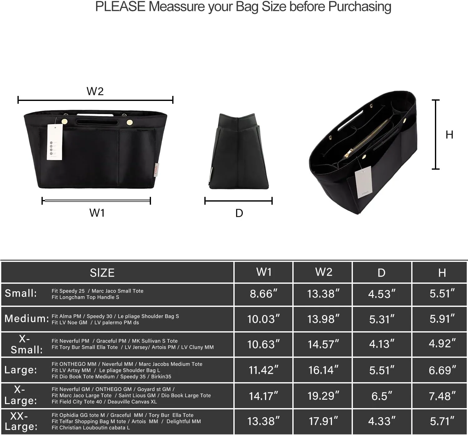 ZTUJO Purse Organizer Insert For Handbags, Silky Bag Organizer With 2 Zippers For Speedy Neverful Tote and More (Black, X-Small)