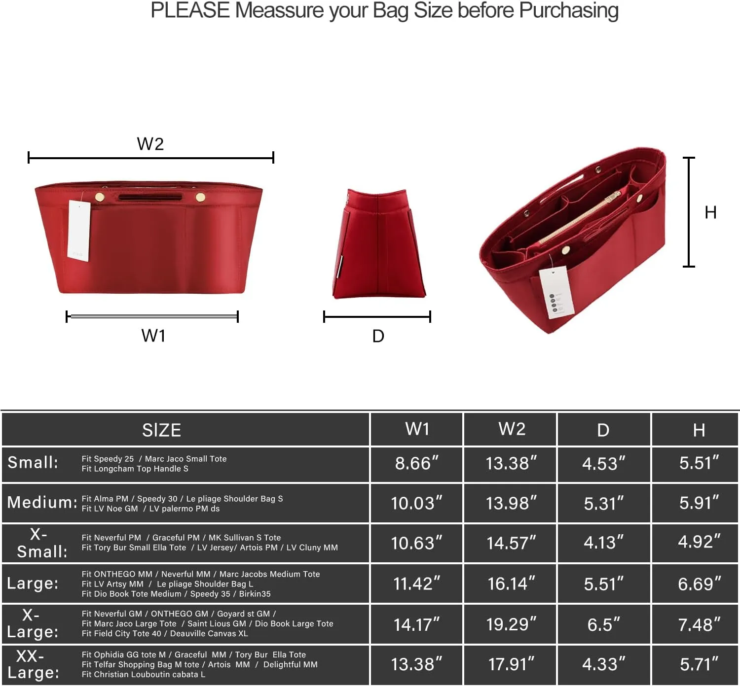 ZTUJO Purse Organizer Insert For Handbags, Silky Bag Organizer With 2 Zippers For Speedy Neverful Tote and More (Red, Small)