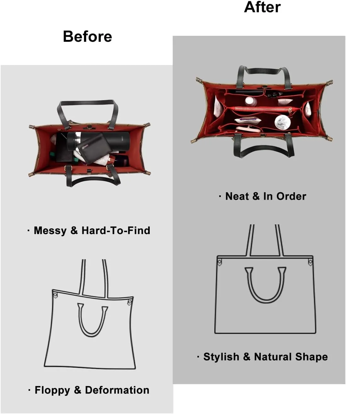 ZTUJO Purse Organizer Insert For Handbags, Silky Bag Organizer With 2 Zippers For Speedy Neverful Tote and More (Red, Small)