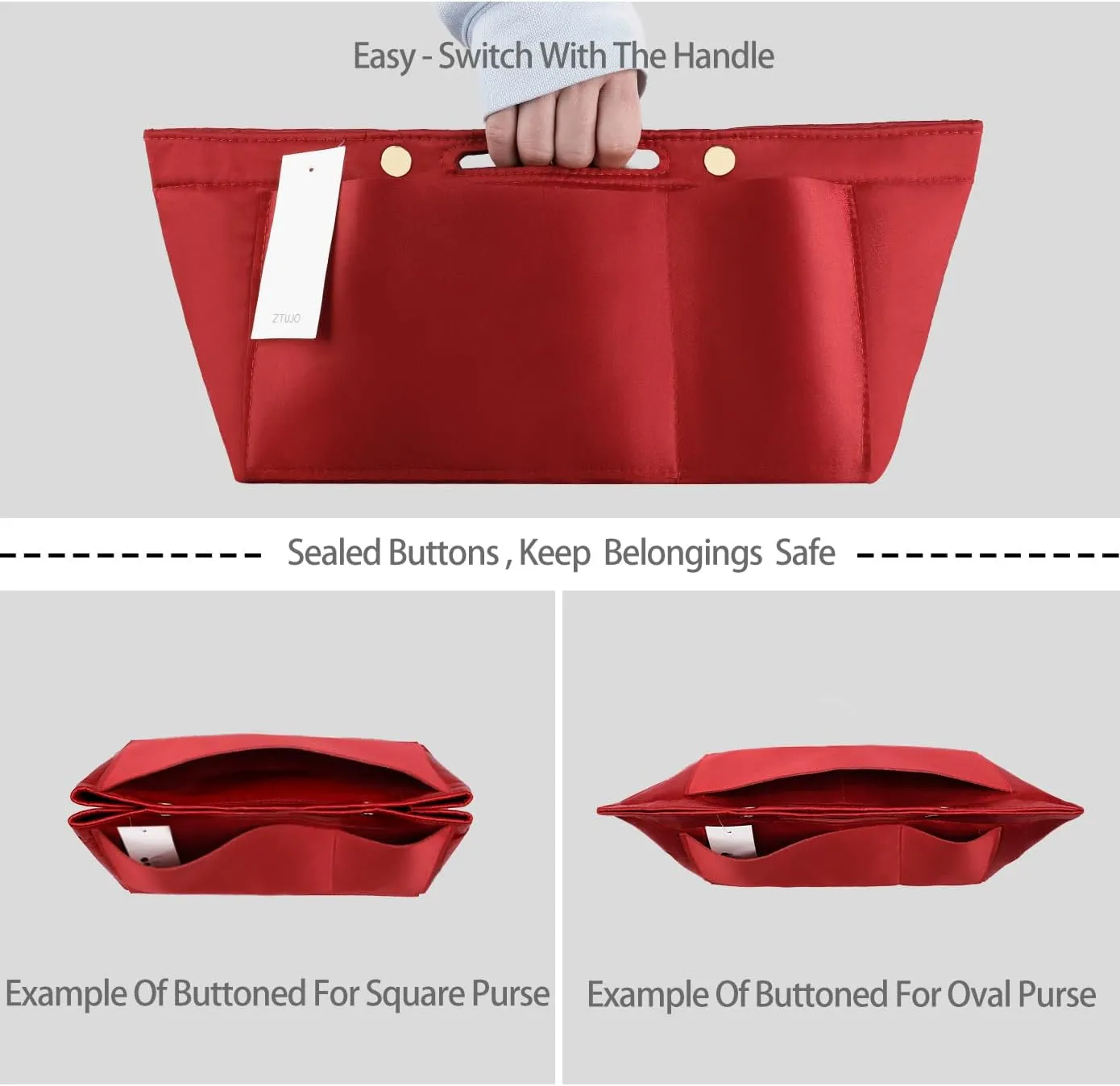 ZTUJO Purse Organizer Insert For Handbags, Silky Bag Organizer With 2 Zippers For Speedy Neverful Tote and More (Red, Small)