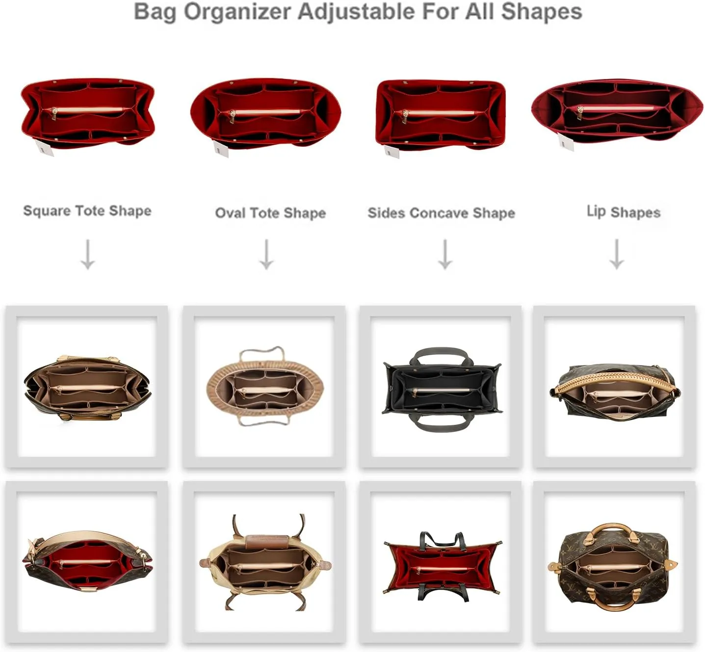ZTUJO Purse Organizer Insert For Handbags, Silky Bag Organizer With 2 Zippers For Speedy Neverful Tote and More (Red, Small)