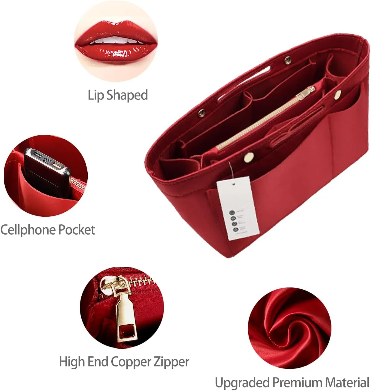 ZTUJO Purse Organizer Insert For Handbags, Silky Bag Organizer With 2 Zippers For Speedy Neverful Tote and More (Red, Small)